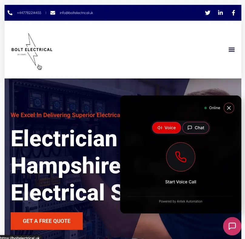 Bolt Electrical website with AAVAC Bot AI chatbot widget open, showing voice and chat tabs